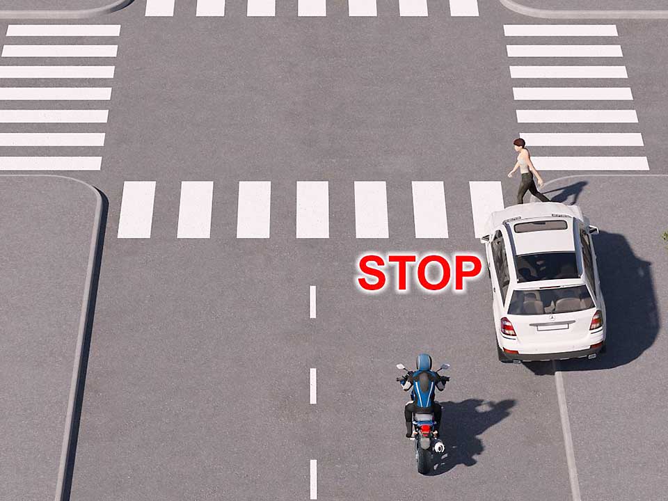 mallinnetussa kuvassa jalankulkija on astumassa suojatielle pysäytetyn auton edestä