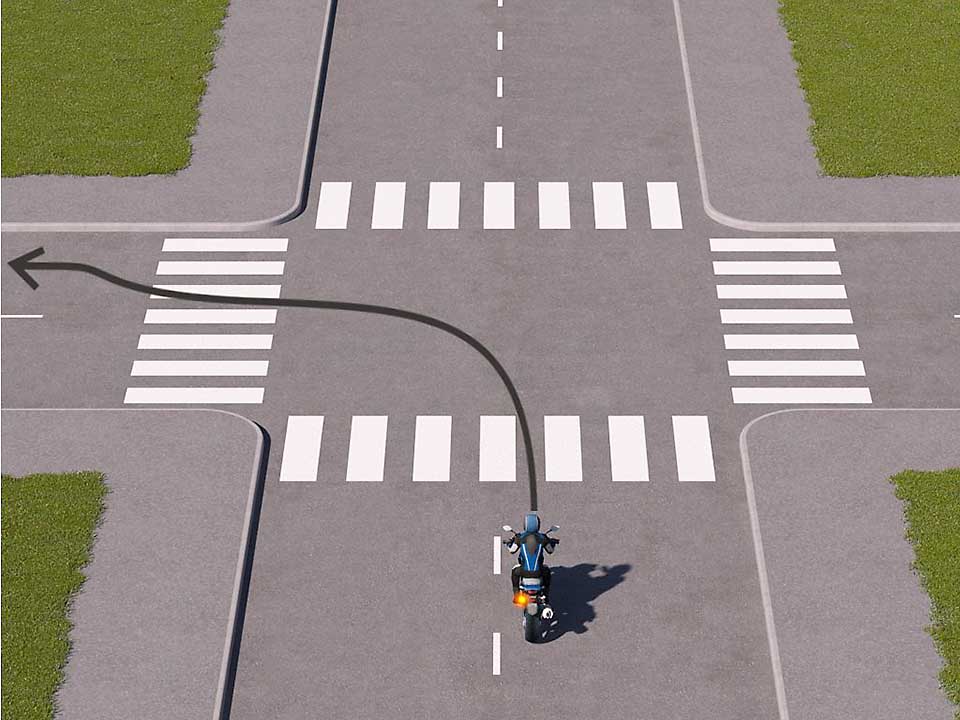 mallinnettu liikennetilanne; moottoripyörä kääntyy vasemmalle risteyksessä