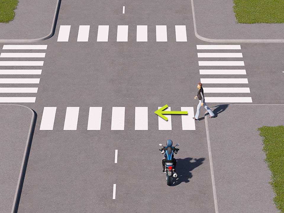 mallinnettu liikennetilanne; jalankulkija on ylittämässä suojatietä, jota mopoilija lähestyy