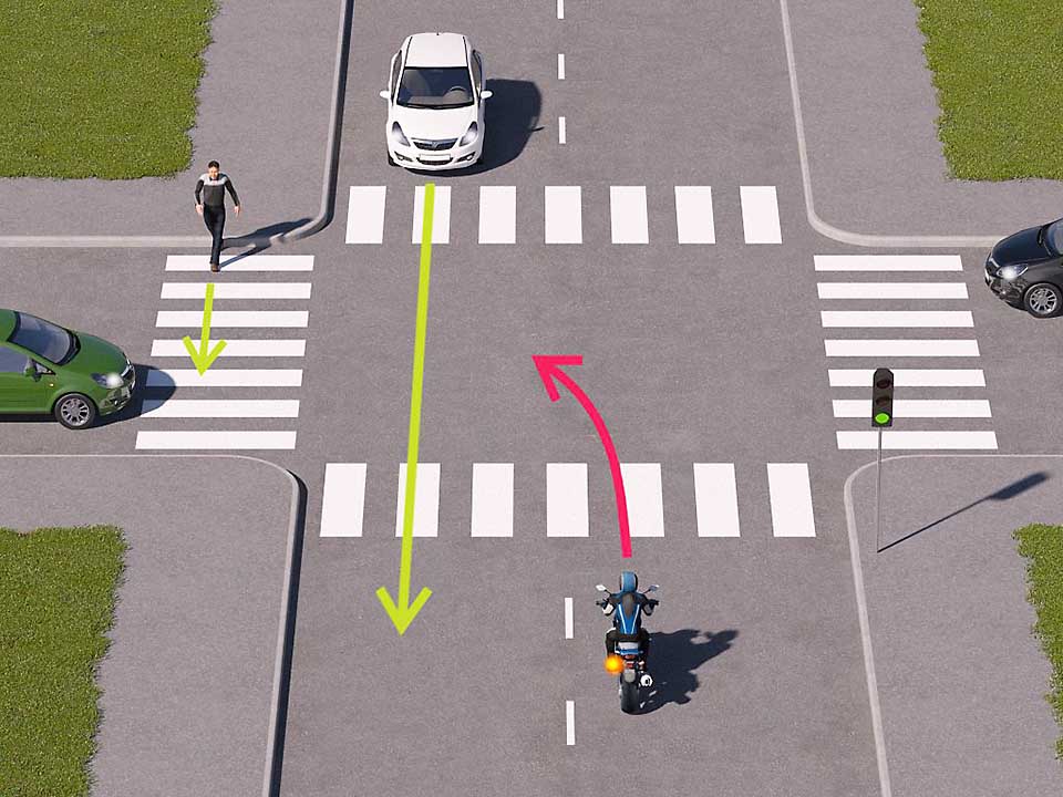 mallinnettu liikennetilanne, jossa moottoripyöräilijä lähestyy valo-risteystä