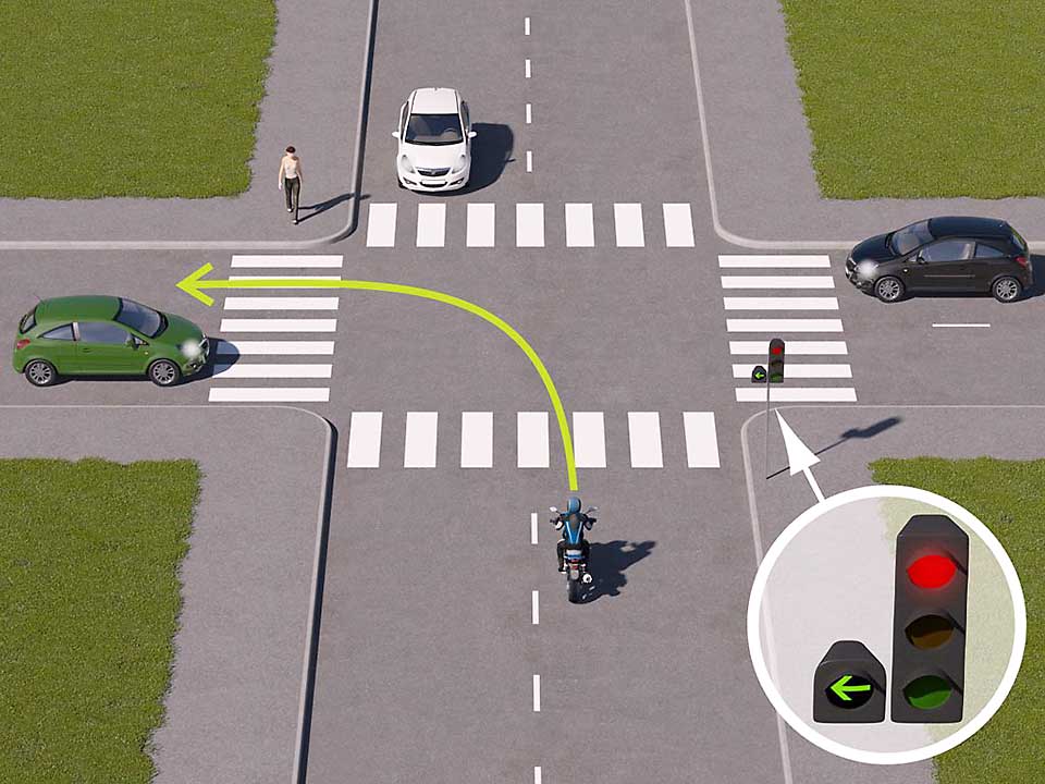 mallinnettu liikennetilanne, jossa moottoripyöräilijä lähestyy valo-risteystä