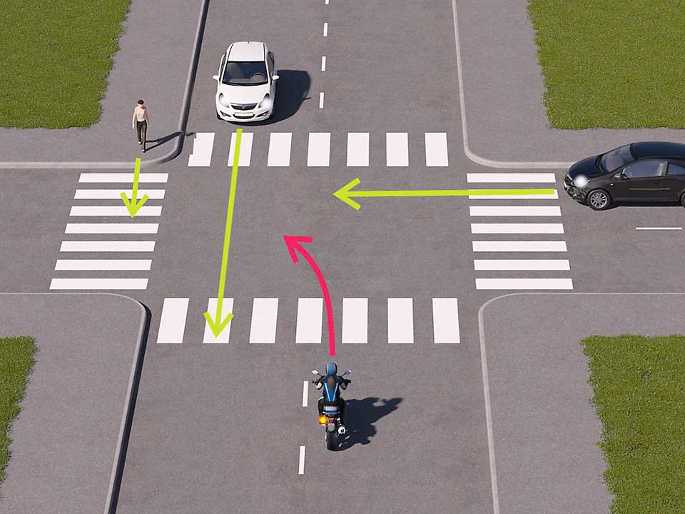mallinnettu liikennetilanne, jossa mopoilija lähestyy risteystä